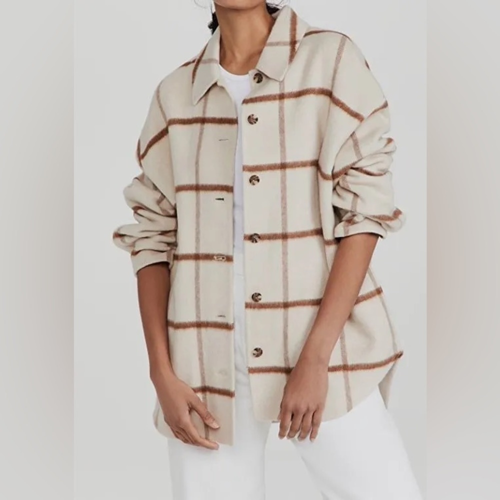 Theory Women's Beige Plaid Wool Blend Shirt shacket